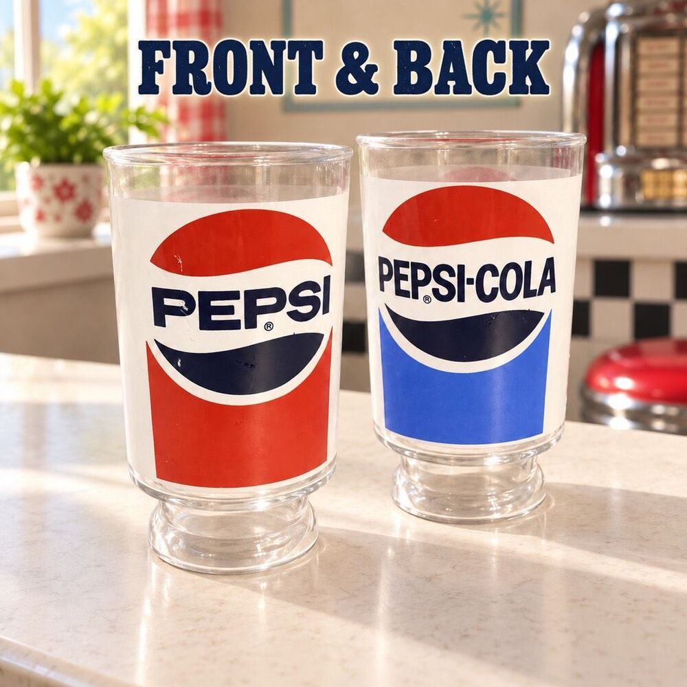 Vintage Pepsi Cola 32oz Large Pedestal Glass Oversize Red/White/Blue